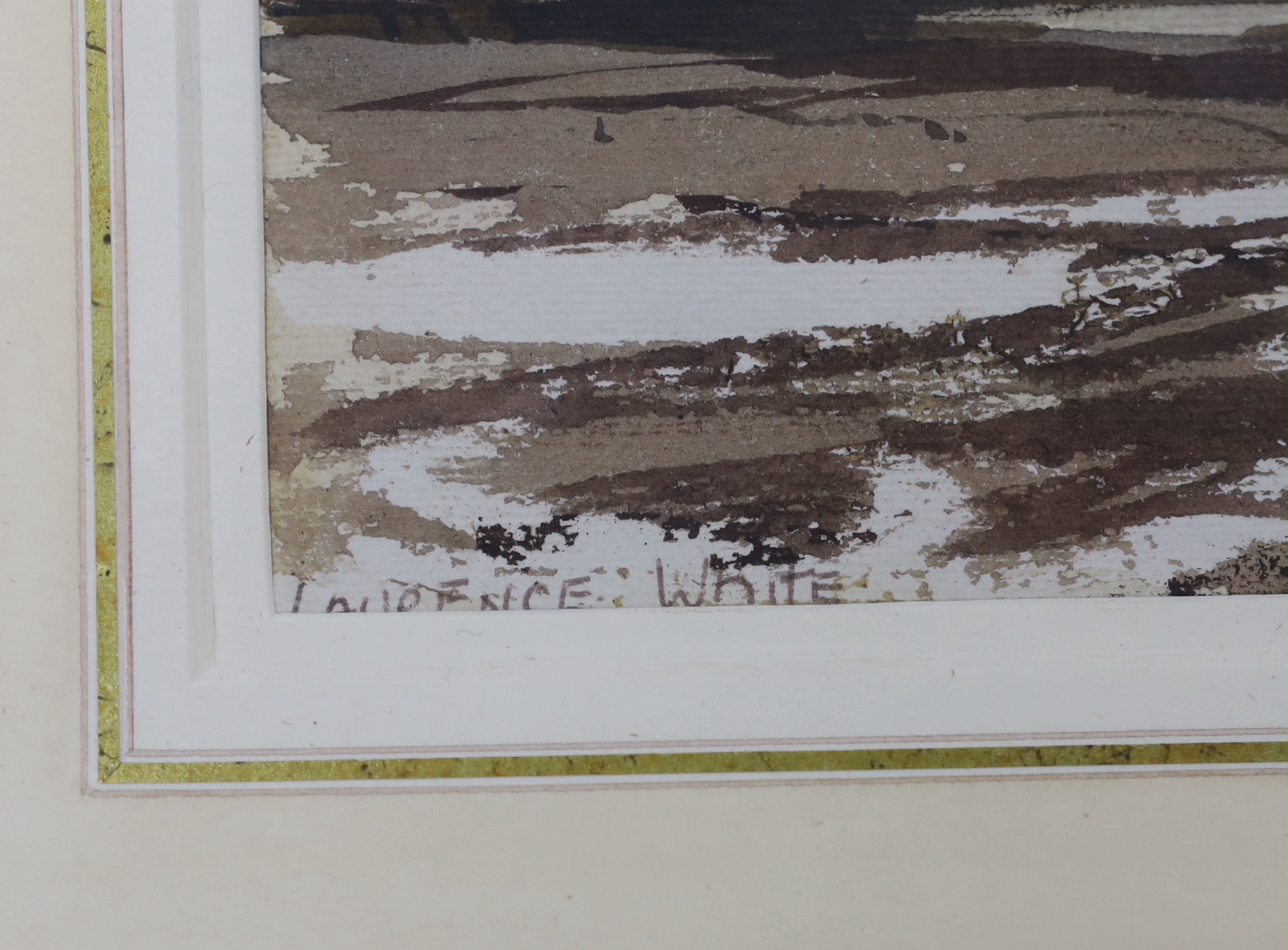 Laurence White (1914-1974), watercolour, Shoreham at low tide, signed, 5 x 35cm
